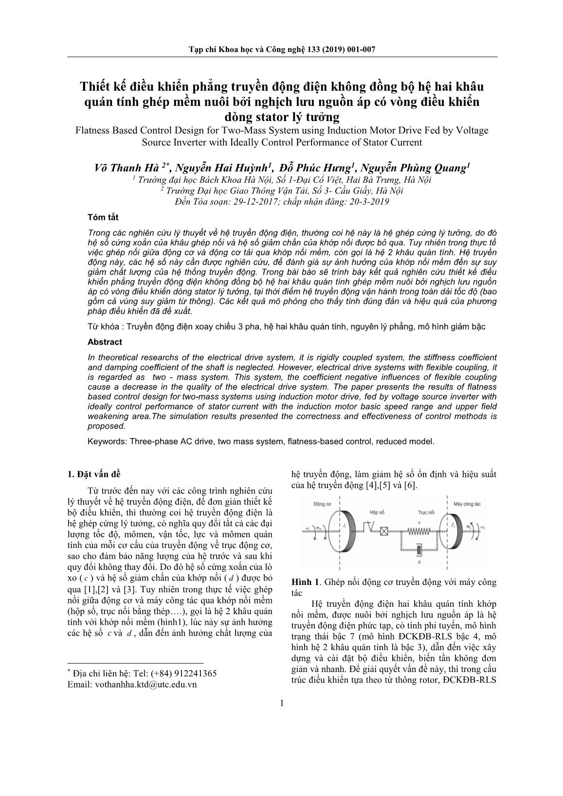Thiết kế điều khiển phẳng truyền động điện không đồng bộ hệ hai khâu quán tính ghép mềm nuôi bởi nghịch lưu nguồn áp có vòng điều khiển dòng stator lý tưởng trang 1