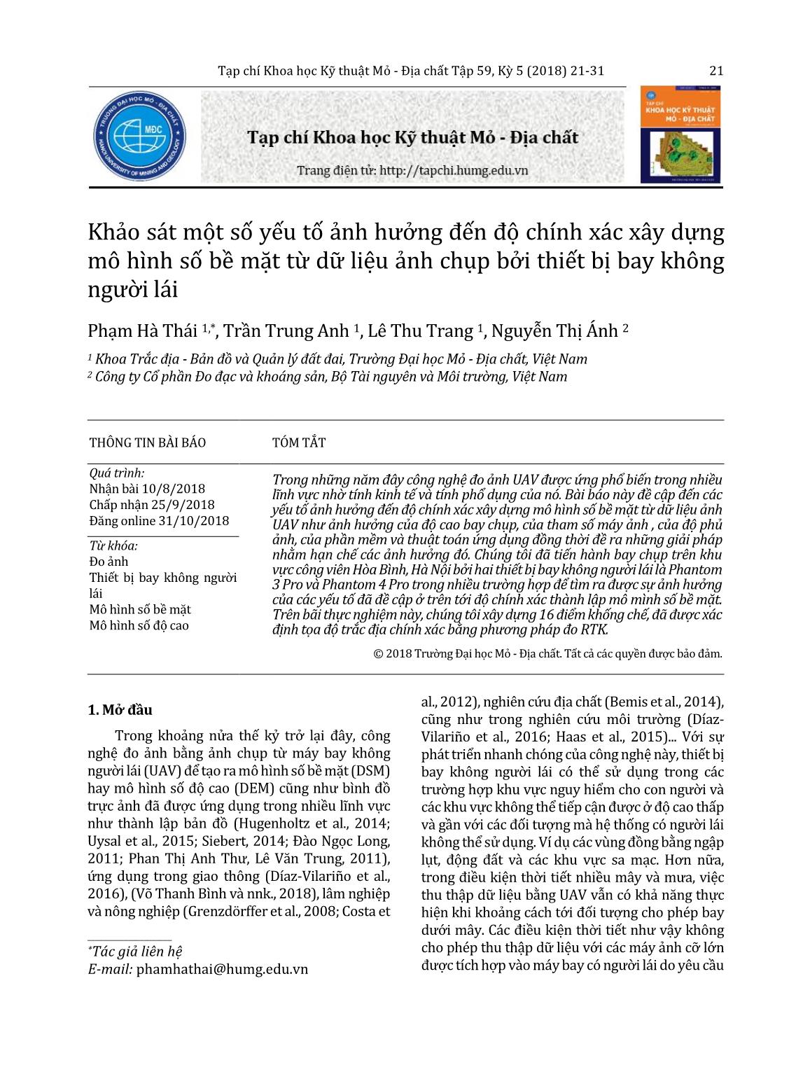 Khảo sát một số yếu tố ảnh hưởng đến độ chính xác xây dựng mô hình số bề mặt từ dữ liệu ảnh chụp bởi thiết bị bay không người lái trang 1