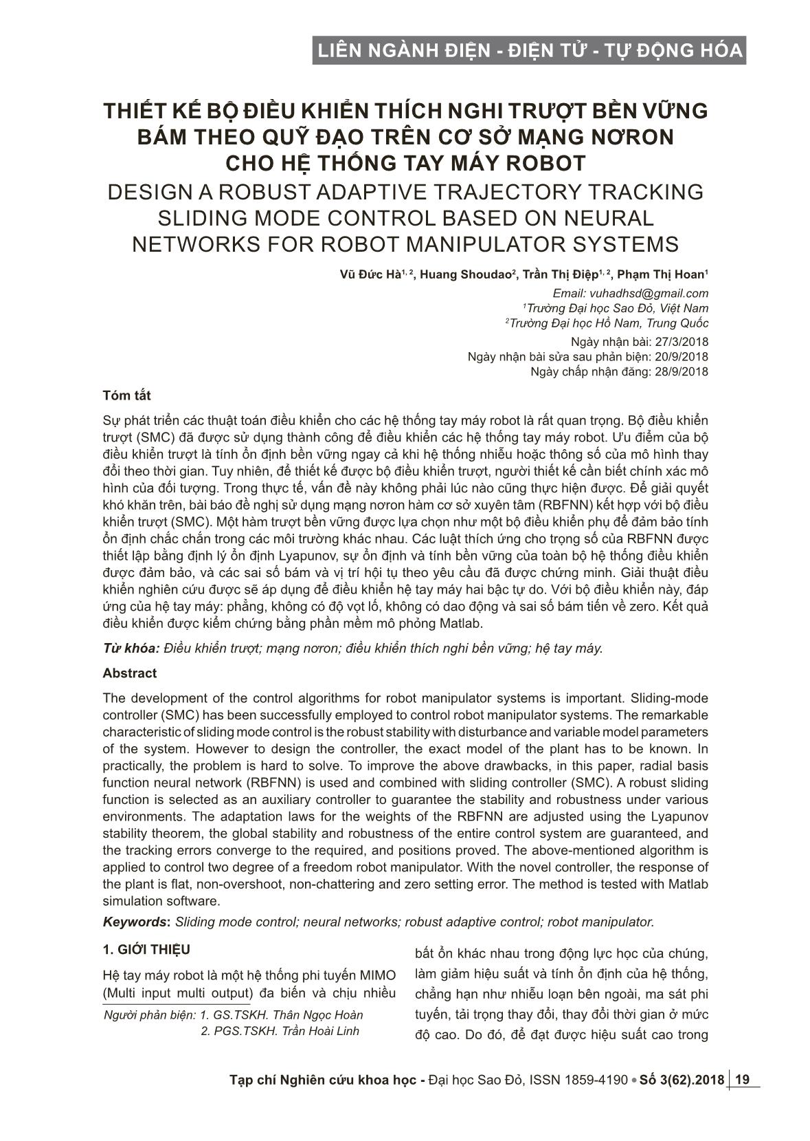 Thiết kế bộ điều khiển thích nghi trượt bền vững bám theo quỹ đạo trên cơ sở mạng nơron cho hệ thống tay máy robot trang 1