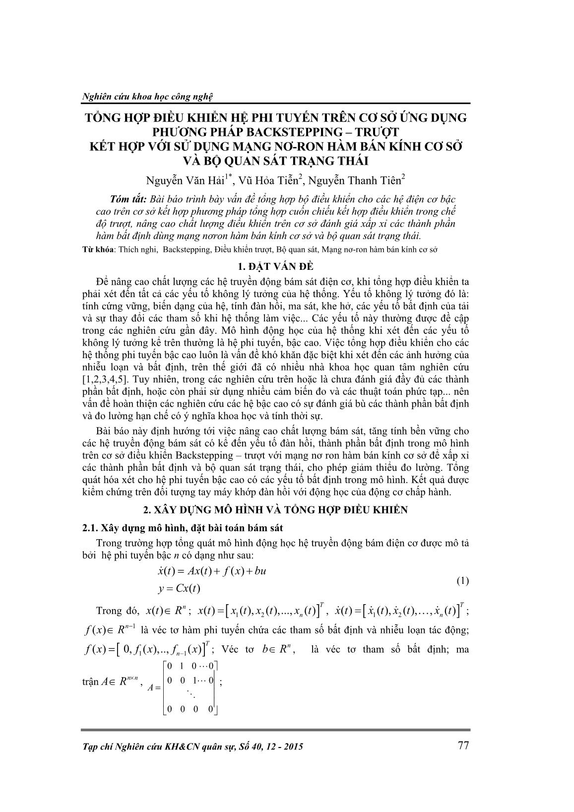 Tổng hợp điều khiển hệ phi tuyến trên cơ sở ứng dụng phương pháp Backstepping – trượt kết hợp với sử dụng mạng nơ-ron hàm bán kính cơ sở và bộ quan sát trạng thái trang 1
