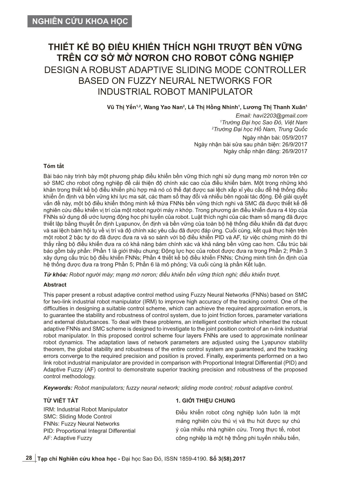 Thiết kế bộ điều khiển thích nghi trượt bền vững trên cơ sở mờ nơron cho robot công nghiệp trang 1