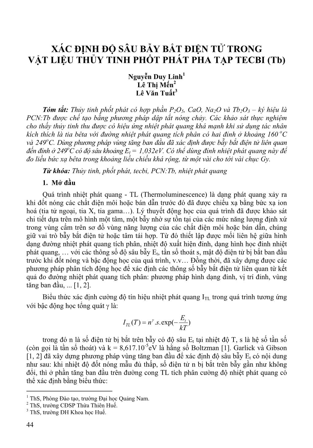 Xác định độ sâu bẫy bắt điện tử trong vật liệu thủy tinh phốt phát pha tạp TECBI (Tb) trang 1