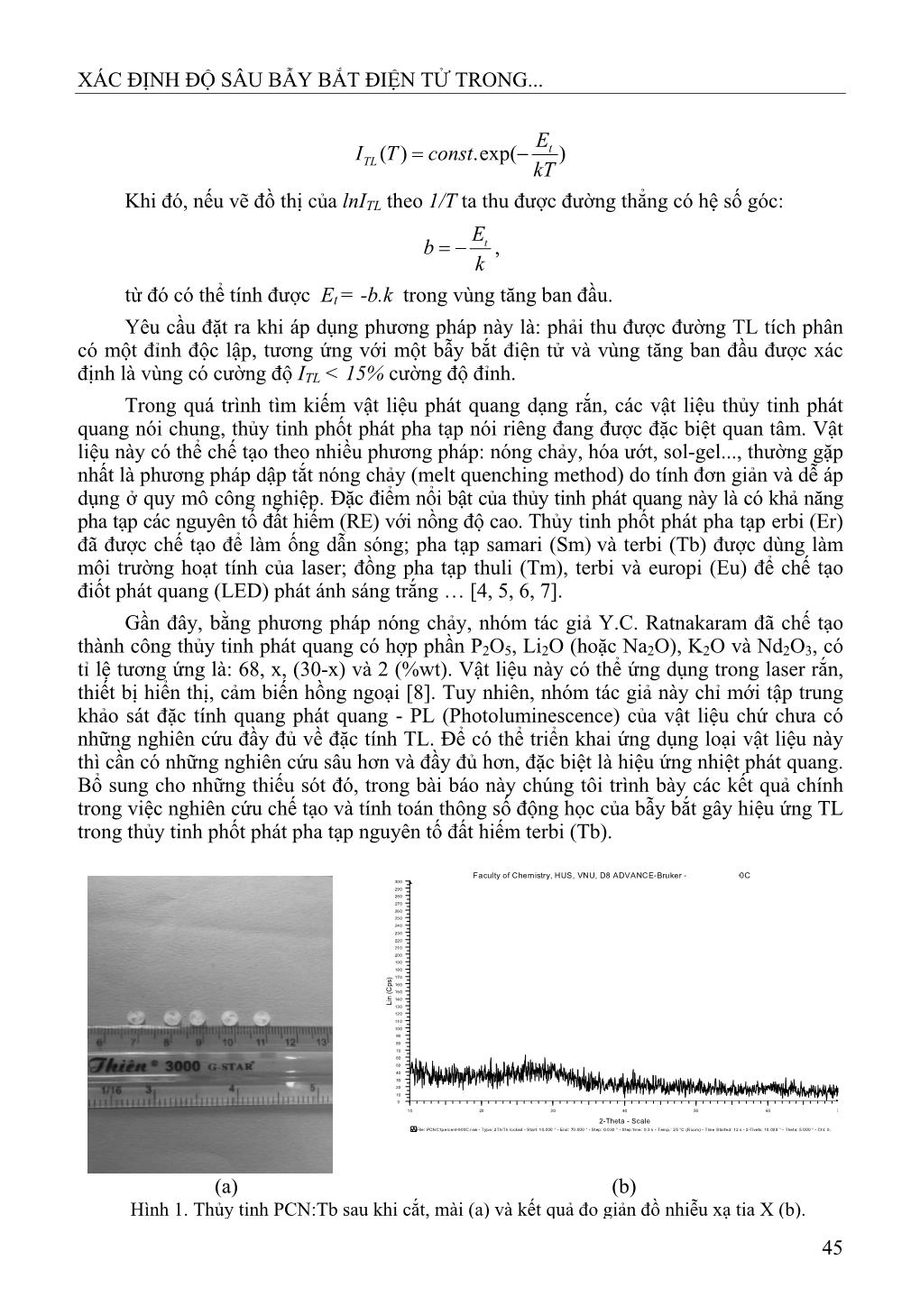 Xác định độ sâu bẫy bắt điện tử trong vật liệu thủy tinh phốt phát pha tạp TECBI (Tb) trang 2