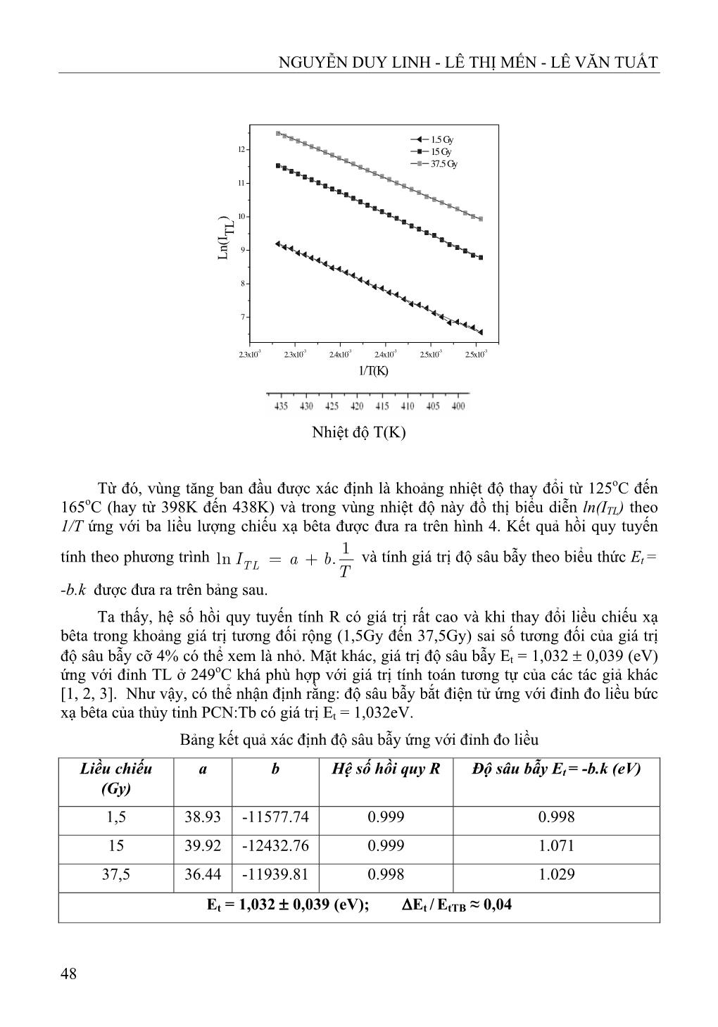 Xác định độ sâu bẫy bắt điện tử trong vật liệu thủy tinh phốt phát pha tạp TECBI (Tb) trang 5