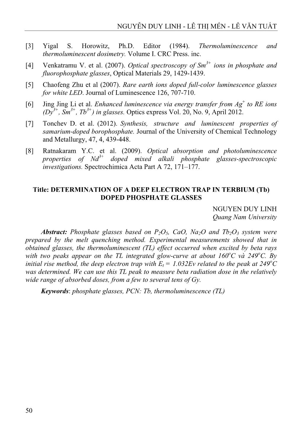 Xác định độ sâu bẫy bắt điện tử trong vật liệu thủy tinh phốt phát pha tạp TECBI (Tb) trang 7