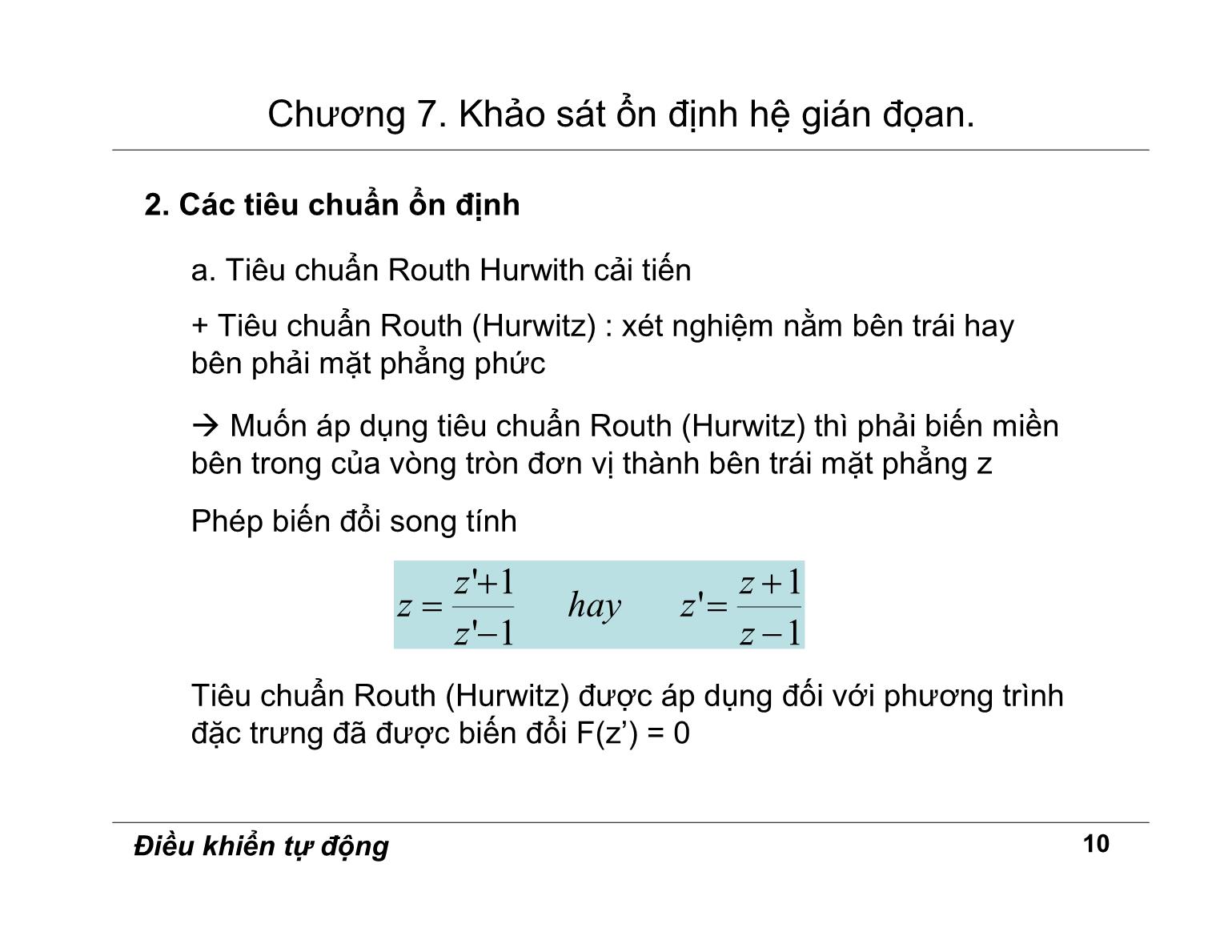 Bài giảng Điều khiển tự động - Chương 7: Khảo sát ổn định hệ gián đoạn trang 10