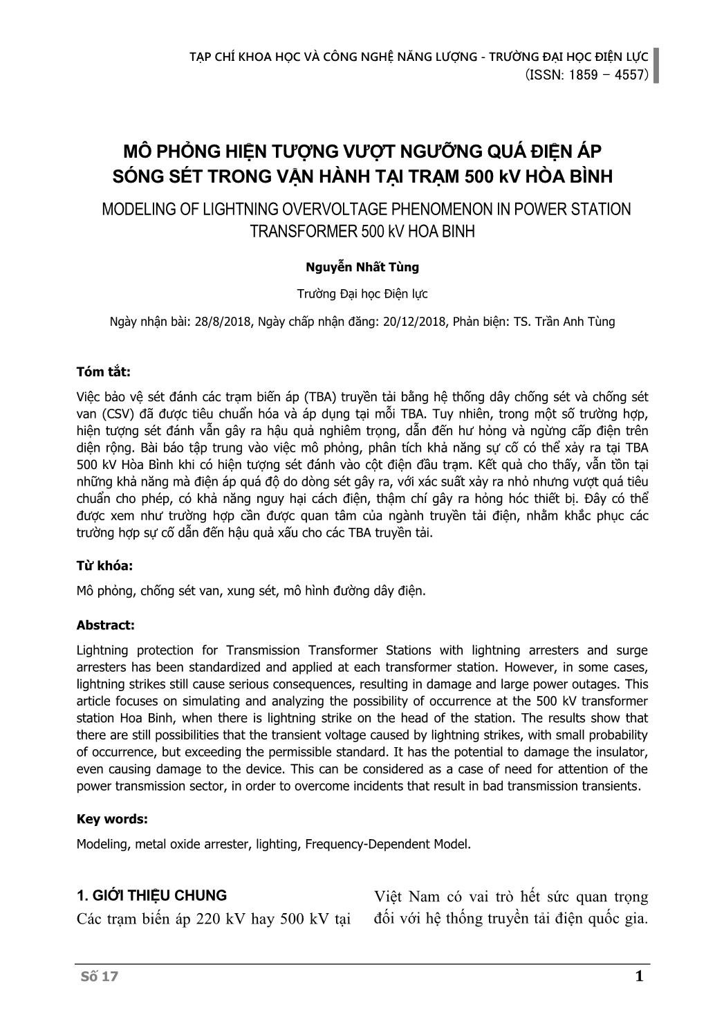 Mô phỏng hiện tượng vượt ngưỡng quá điện áp sóng sét trong vận hành tại trạm 500Kv Hòa Bình trang 1