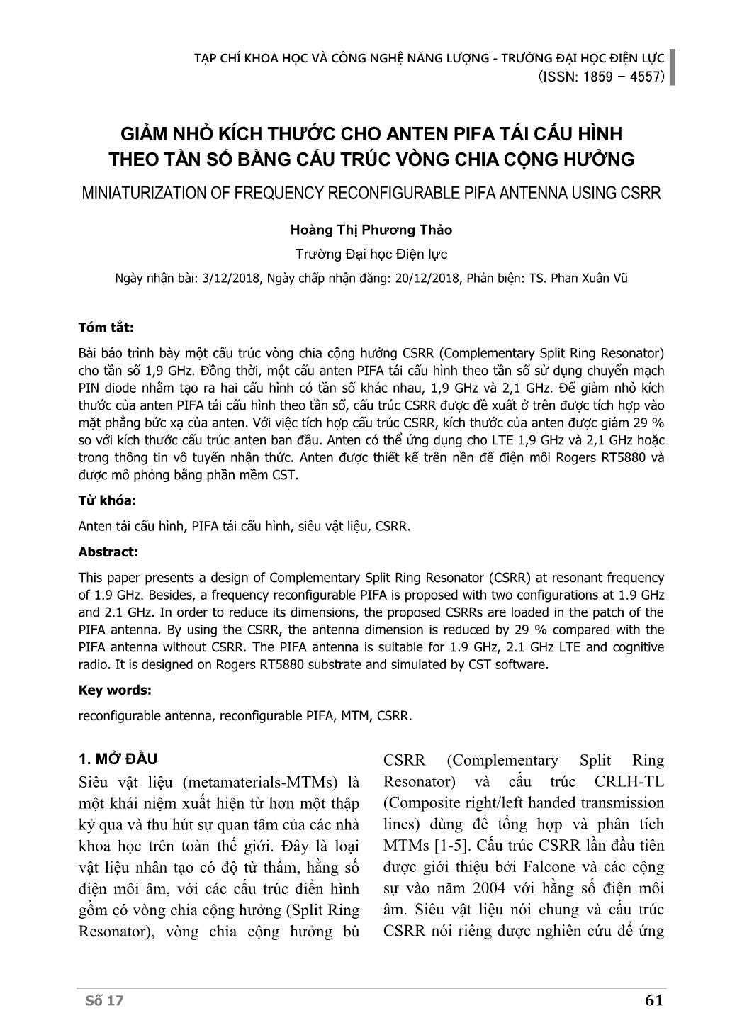 Giảm nhỏ kích thước cho Anten Pifa tái cấu hình theo tần số bằng cấu trúc vòng chia cộng hưởng trang 1