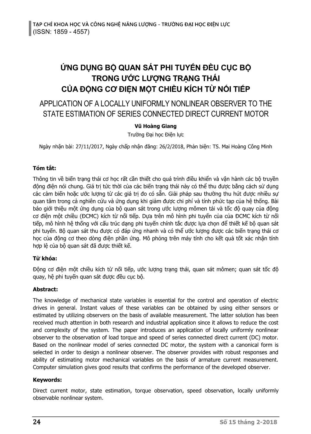 Ứng dụng bộ quan sát phi tuyến đều cục bộ trong ước lượng trạng thái của động cơ điện một chiều kích từ nối tiếp trang 1