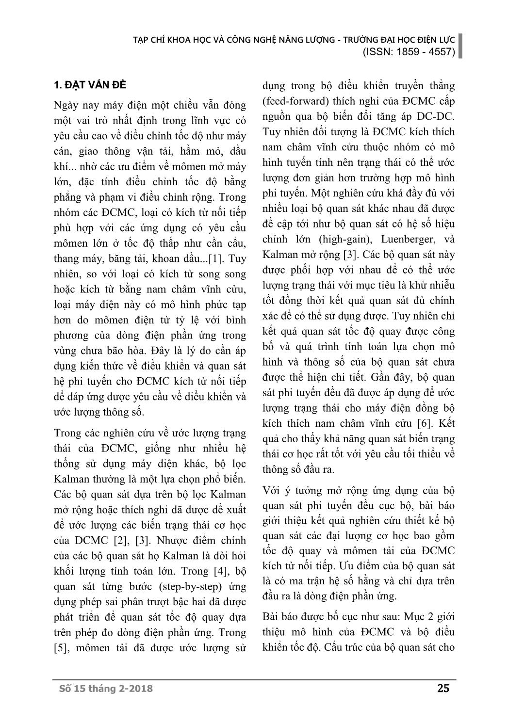 Ứng dụng bộ quan sát phi tuyến đều cục bộ trong ước lượng trạng thái của động cơ điện một chiều kích từ nối tiếp trang 2