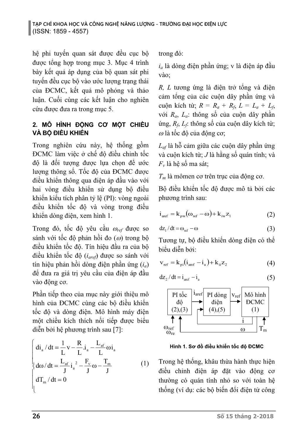 Ứng dụng bộ quan sát phi tuyến đều cục bộ trong ước lượng trạng thái của động cơ điện một chiều kích từ nối tiếp trang 3