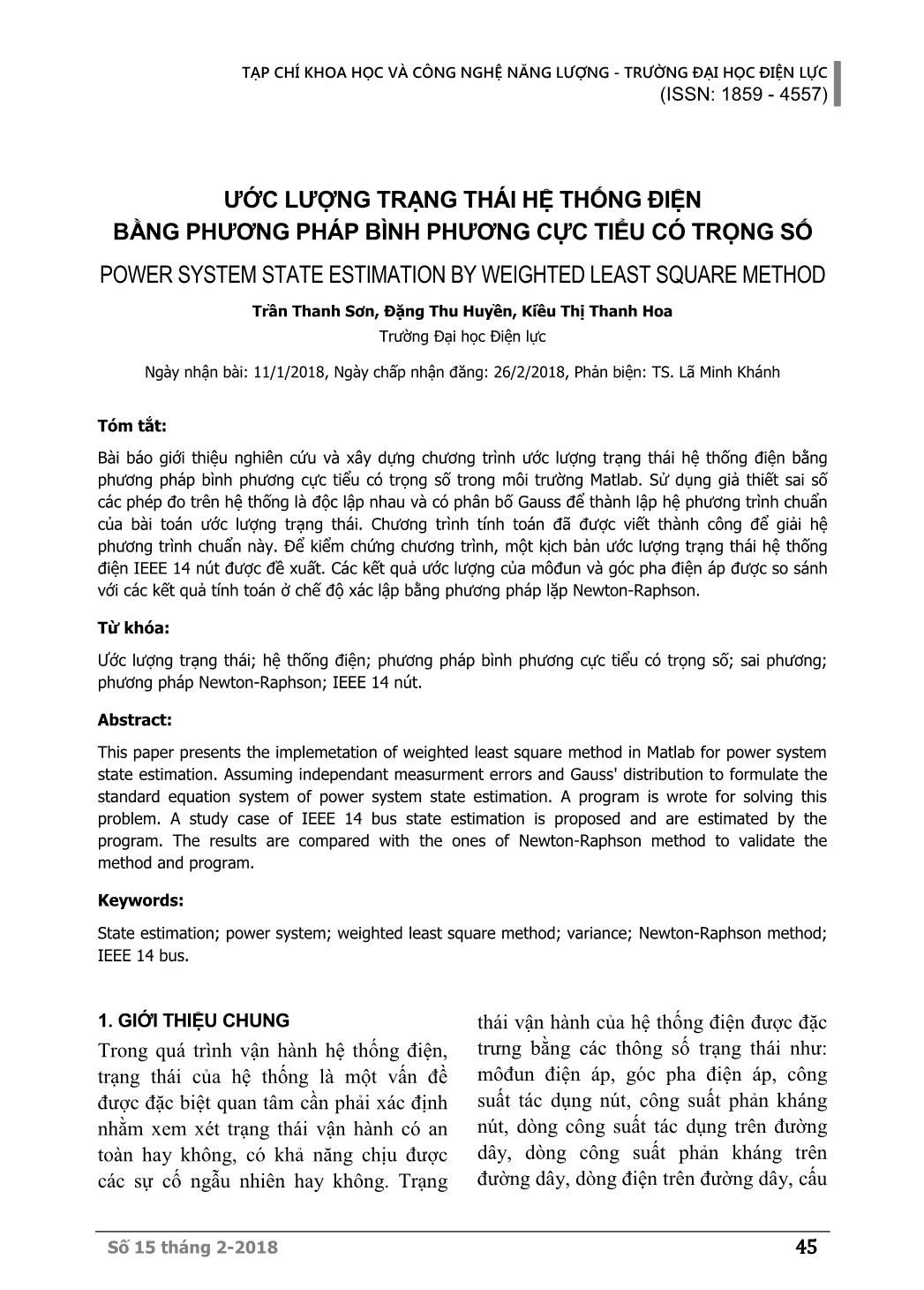 Ước lượng trạng thái hệ thống điện bằng phương pháp bình phương cực tiểu có trọng số trang 1