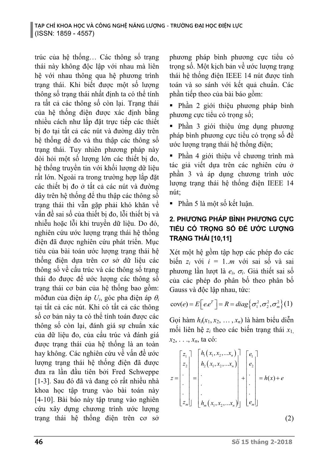 Ước lượng trạng thái hệ thống điện bằng phương pháp bình phương cực tiểu có trọng số trang 2