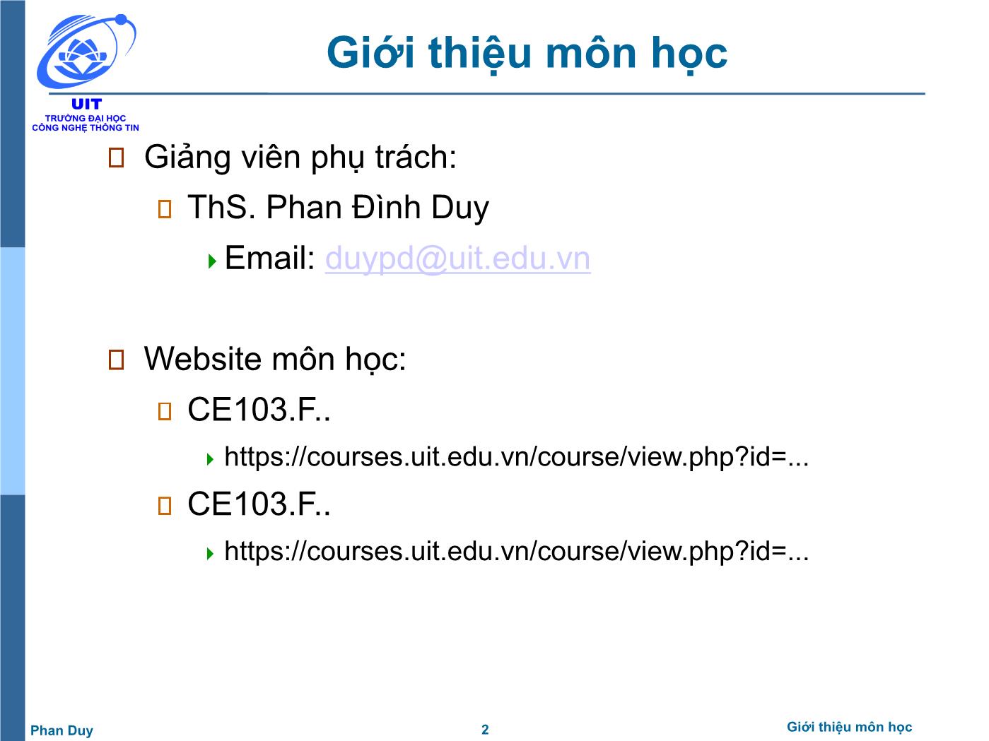 Bài giảng Vi xử lý - Vi điều khiển - Chương: Giới thiệu môn học - Phan Đình Duy trang 2