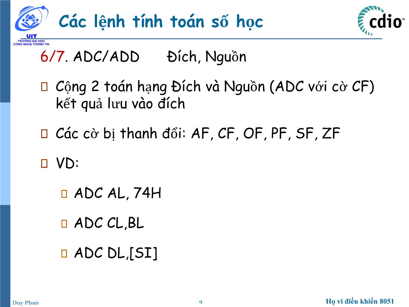 Bài giảng Vi xử lý - Vi điều khiển - Chương 5: Vi xử lý 8086 (Phần 3) - Phan Đình Duy trang 9