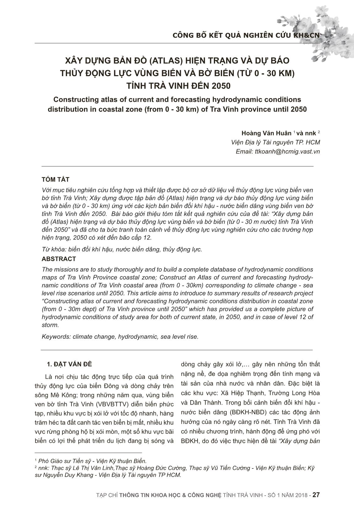 Xây dựng bản đồ (Atlas) hiện trạng và dự báo thủy động lực vùng biển và bờ biển (từ 0 - 30 km) tỉnh trà vinh đến 2050 trang 1