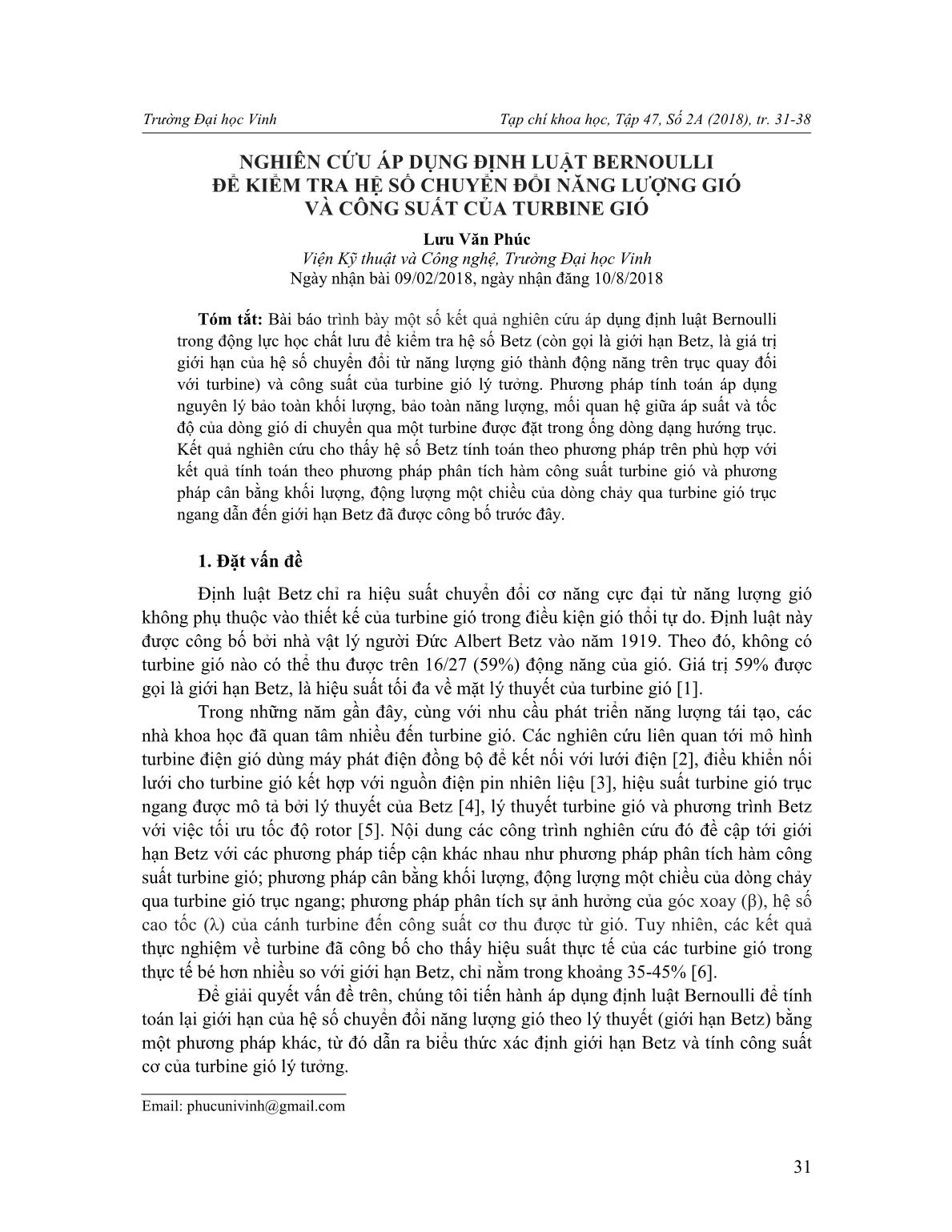 Nghiên cứu áp dụng định luật Bernoulli để kiểm tra hệ số chuyển đổi năng lượng gió và công suất của turbine gió trang 1