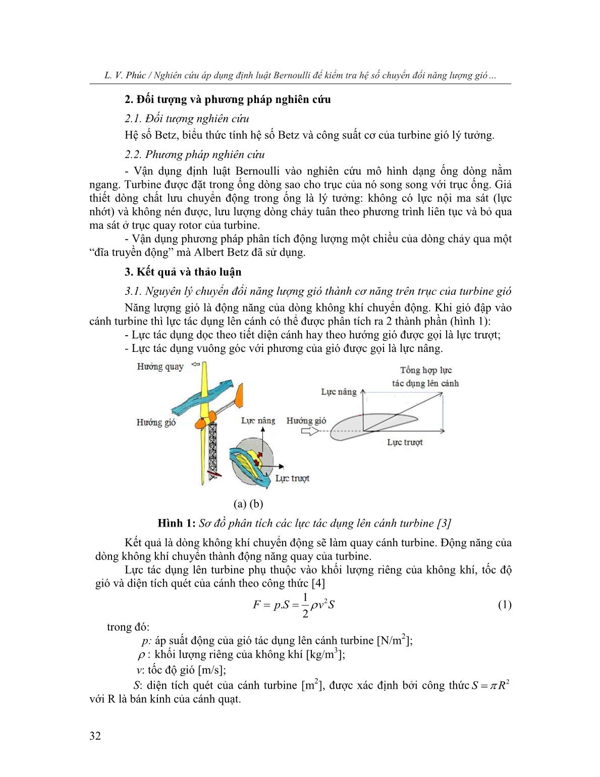 Nghiên cứu áp dụng định luật Bernoulli để kiểm tra hệ số chuyển đổi năng lượng gió và công suất của turbine gió trang 2