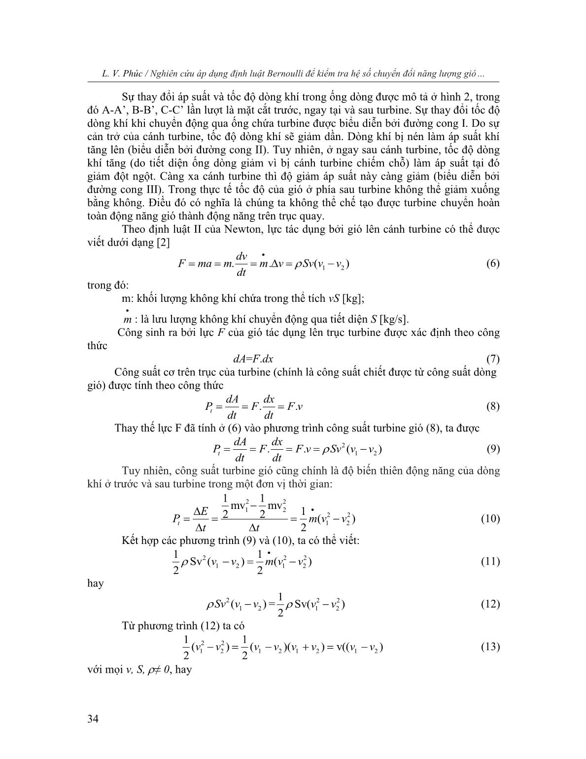 Nghiên cứu áp dụng định luật Bernoulli để kiểm tra hệ số chuyển đổi năng lượng gió và công suất của turbine gió trang 4