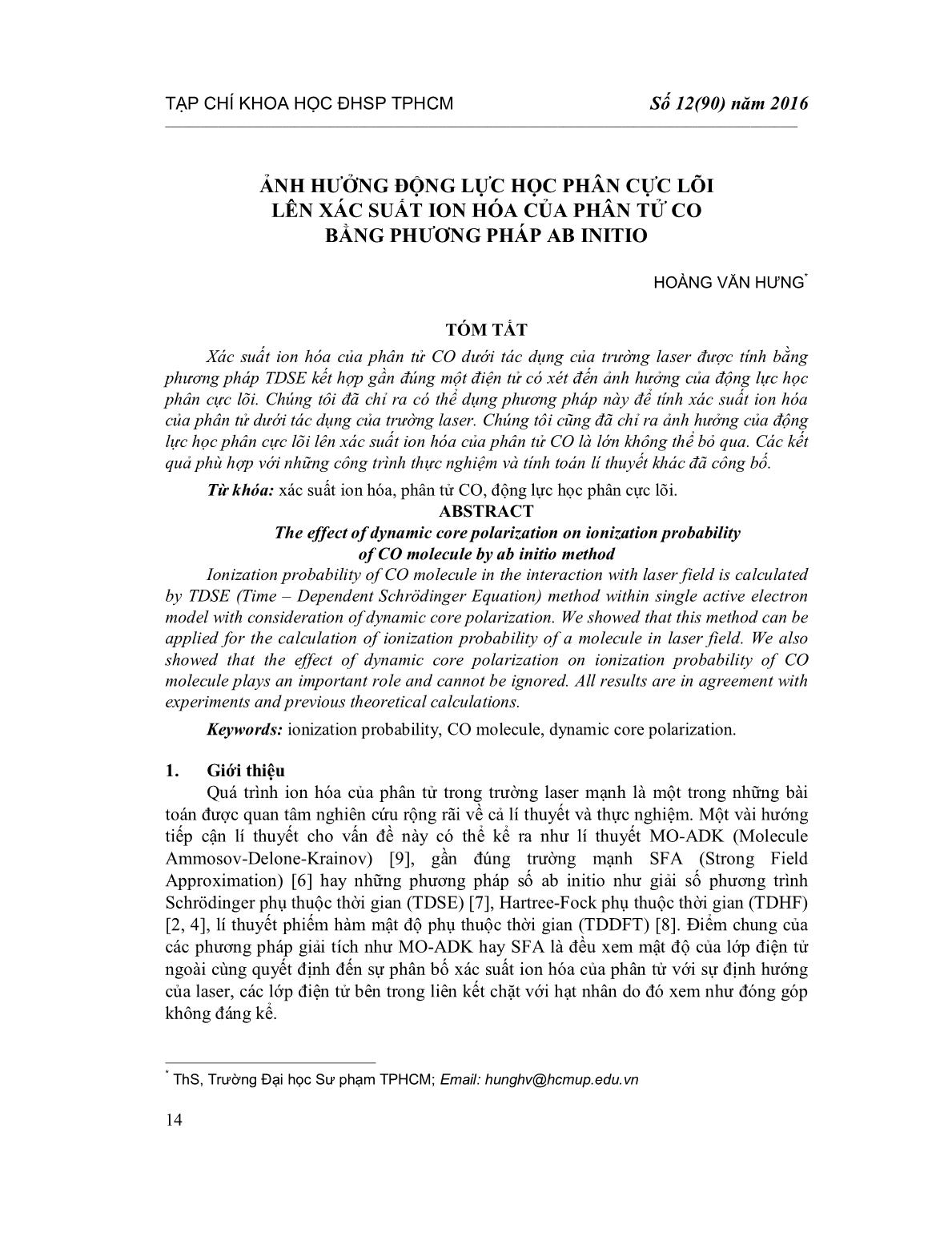 Ảnh hưởng động lực học phân cực lõi lên xác suất Ion hóa của phân tử co bằng phương pháp AB INITIO trang 1