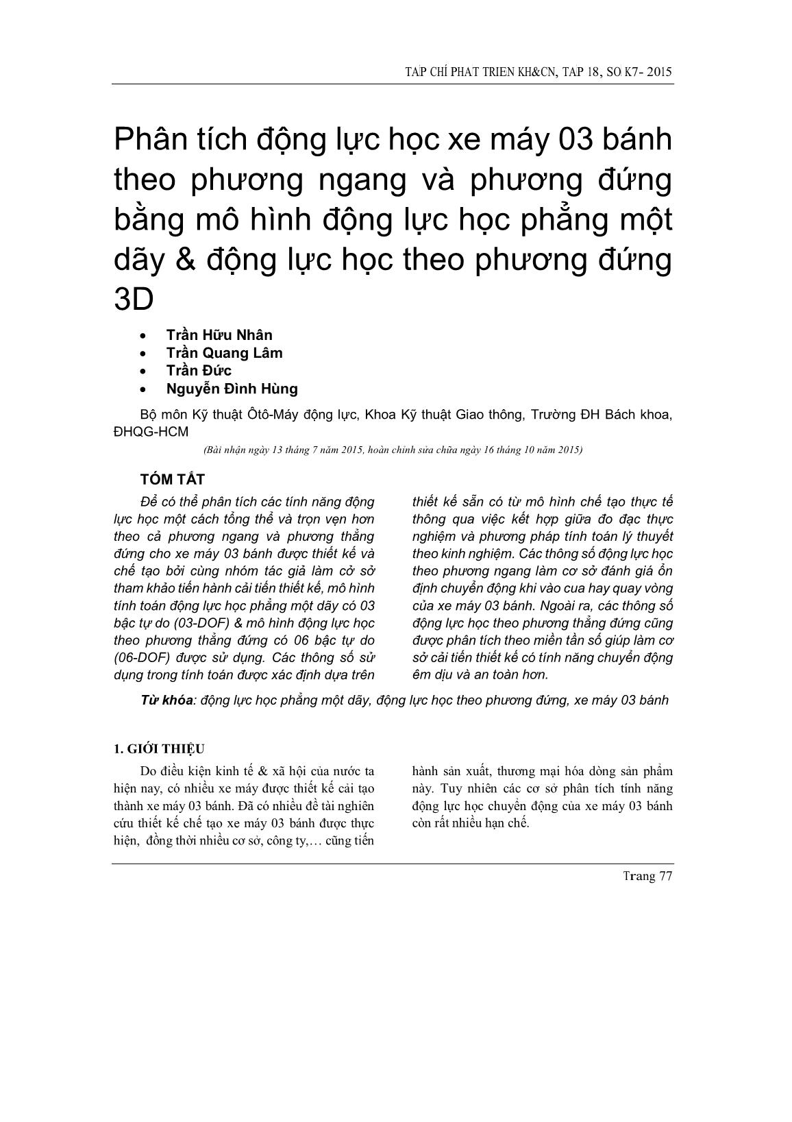 Phân tích động lực học xe máy 03 bánh theo phương ngang và phương đứng bằng mô hình động lực học phẳng một dãy & động lực học theo phương đứng 3D trang 1