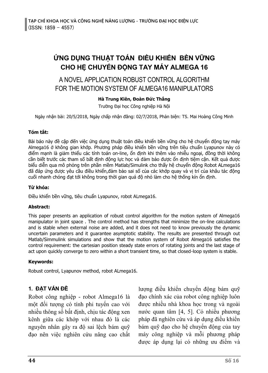 Ứng dụng thuật toán điều khiển bền vững cho hệ chuyển động tay máy Almega 16 trang 1