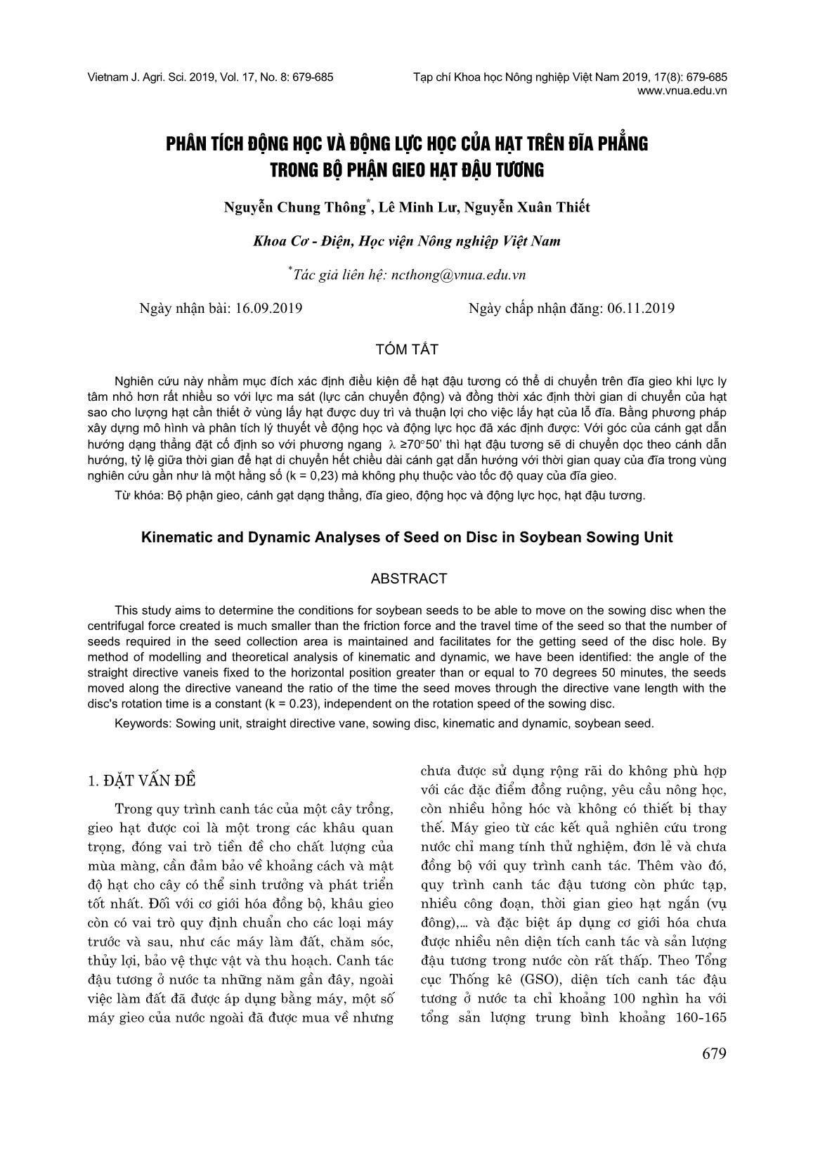 Phân tích động học và động lực học của hạt trên đĩa phẳng trong bộ phận gieo hạt đậu tương trang 1