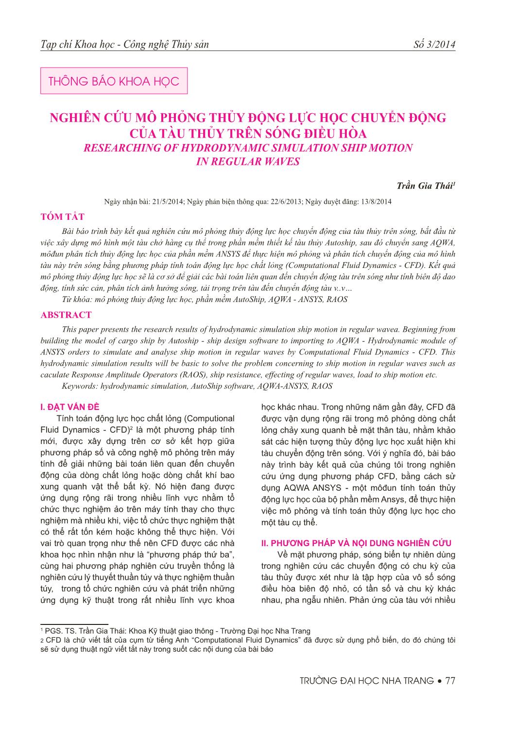 Nghiên cứu mô phỏng thủy động lực học chuyển động của tàu thủy trên sóng điều hòa trang 1