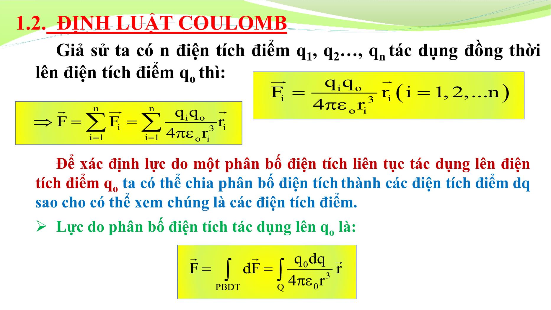 Bài giảng Vật lý đại cương 2 - Chương 1: Điện trường tĩnh trong chân không - Lê Công Hảo trang 10