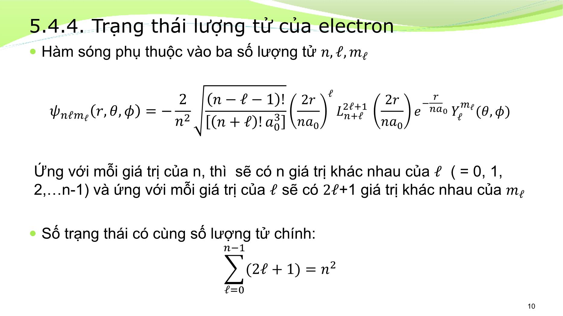 Bài giảng Vật lý đại cương 2 - Chương 5: Lý thuyết lượng tử của nguyên tử Hydro - Lê Công Hảo trang 10