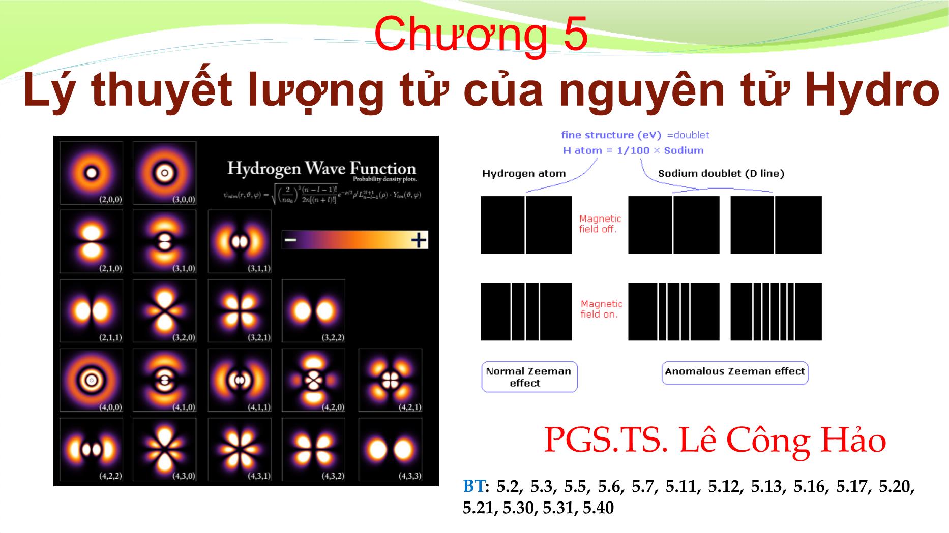 Bài giảng Vật lý đại cương 2 - Chương 5: Lý thuyết lượng tử của nguyên tử Hydro - Lê Công Hảo trang 1