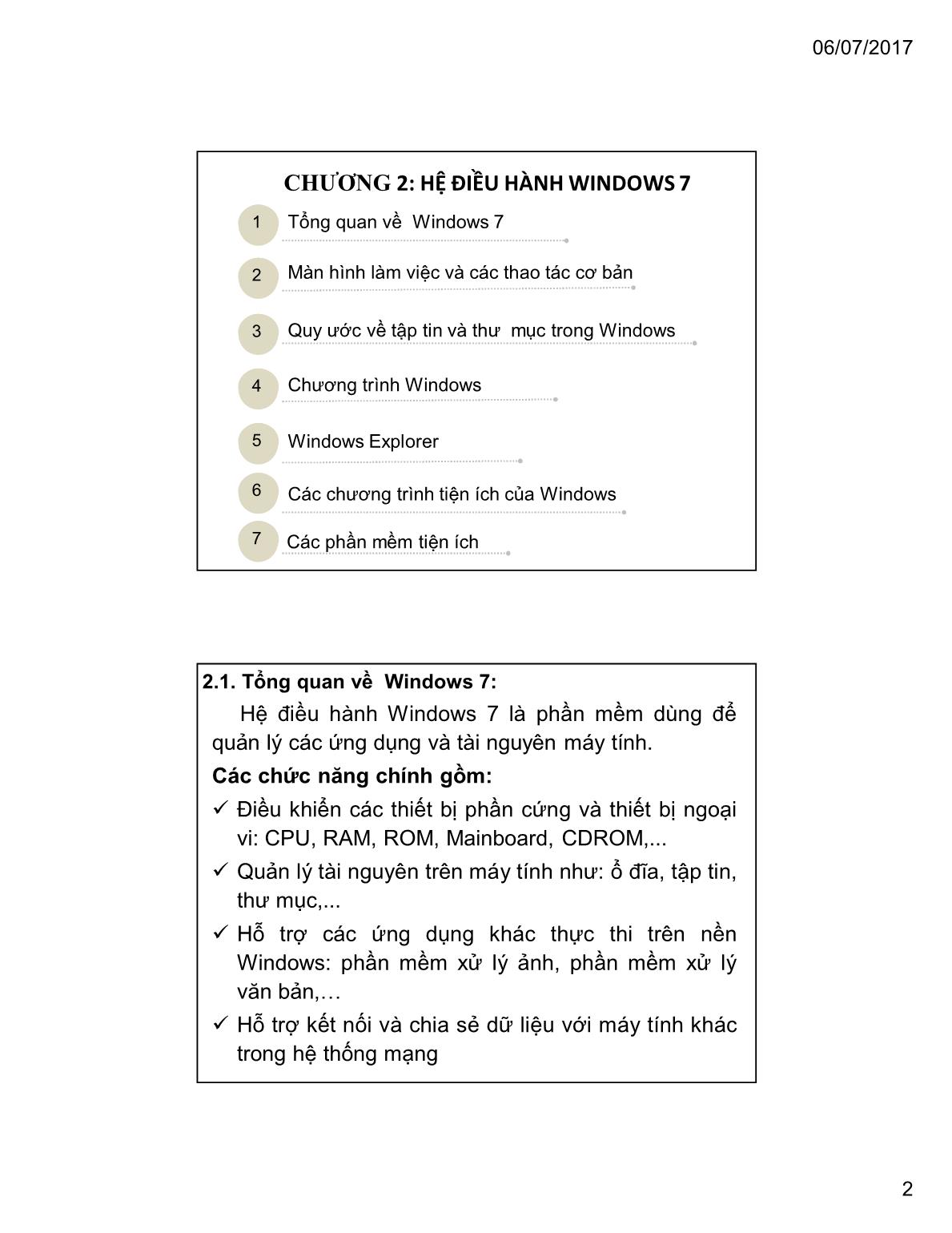 Bài giảng Tin học đại cương - Chương 2: Hệ điều hành Windows 7 - Trường Đại học Tài chính trang 2