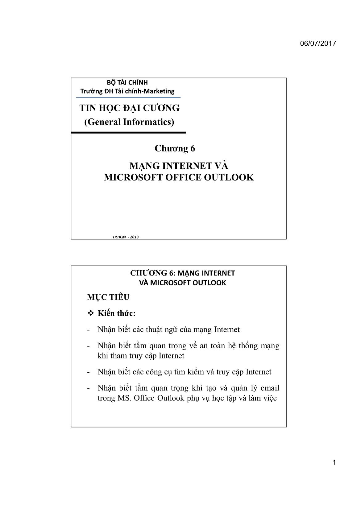 Bài giảng Tin học đại cương - Chương 6: Mạng Internet và Microsoft Office Outlook - Trường Đại học Tài chính trang 1