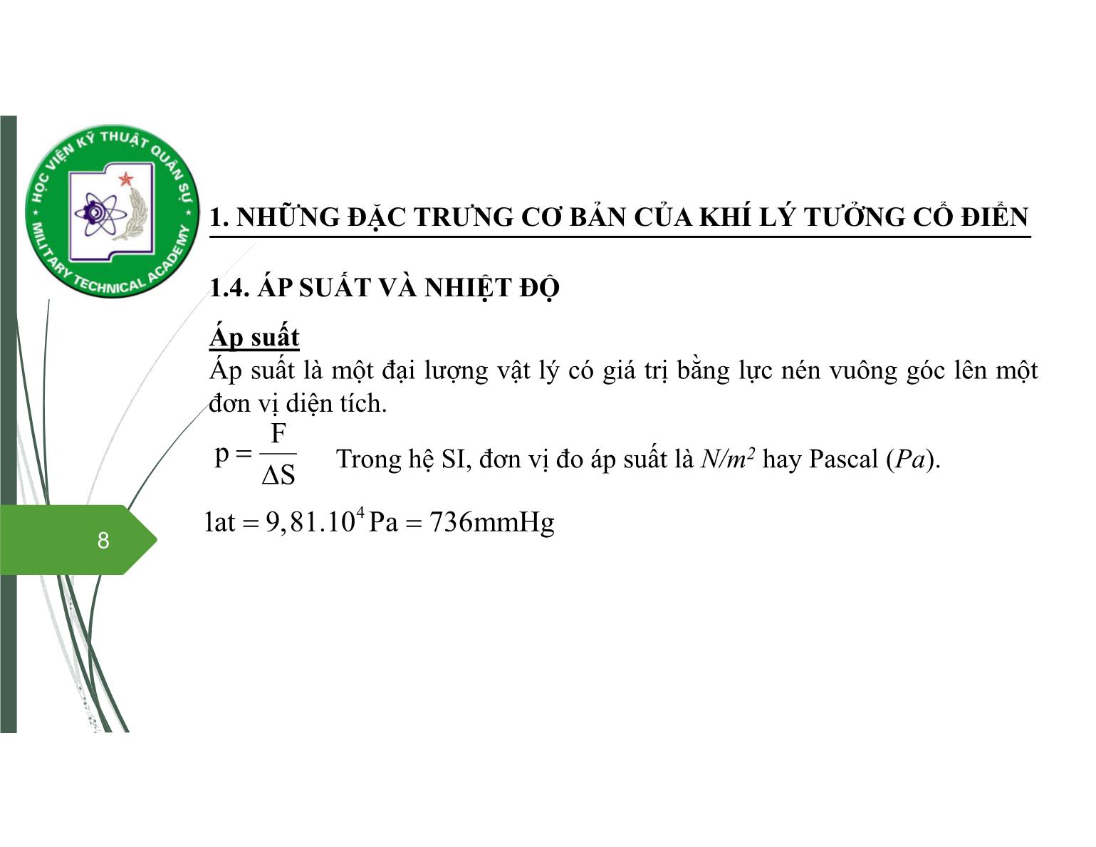 Bài giảng Vật lý đại cương 2 - Chương 1: Thuyết động học phân tử chất khí - Nguyễn Xuân Thấu trang 8