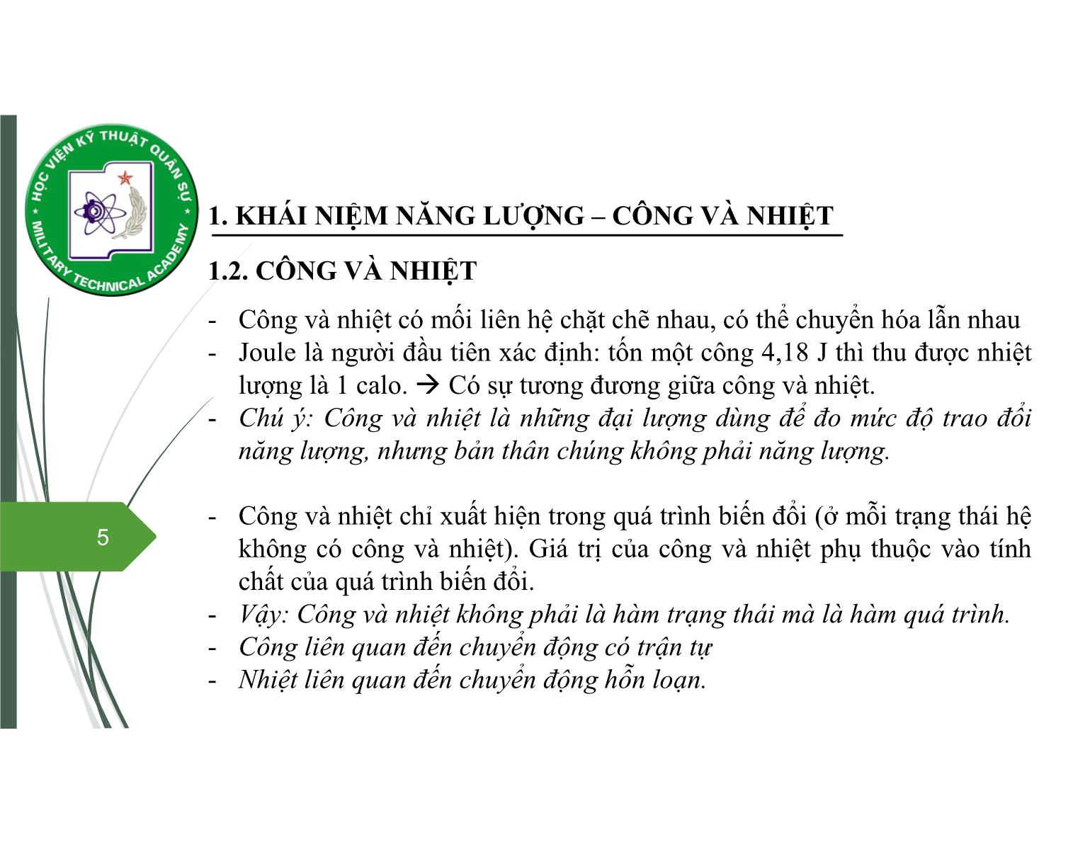 Bài giảng Vật lý đại cương 2 - Chương 2: Nguyên lý thứ nhất nhiệt động lực học - Nguyễn Xuân Thấu trang 5