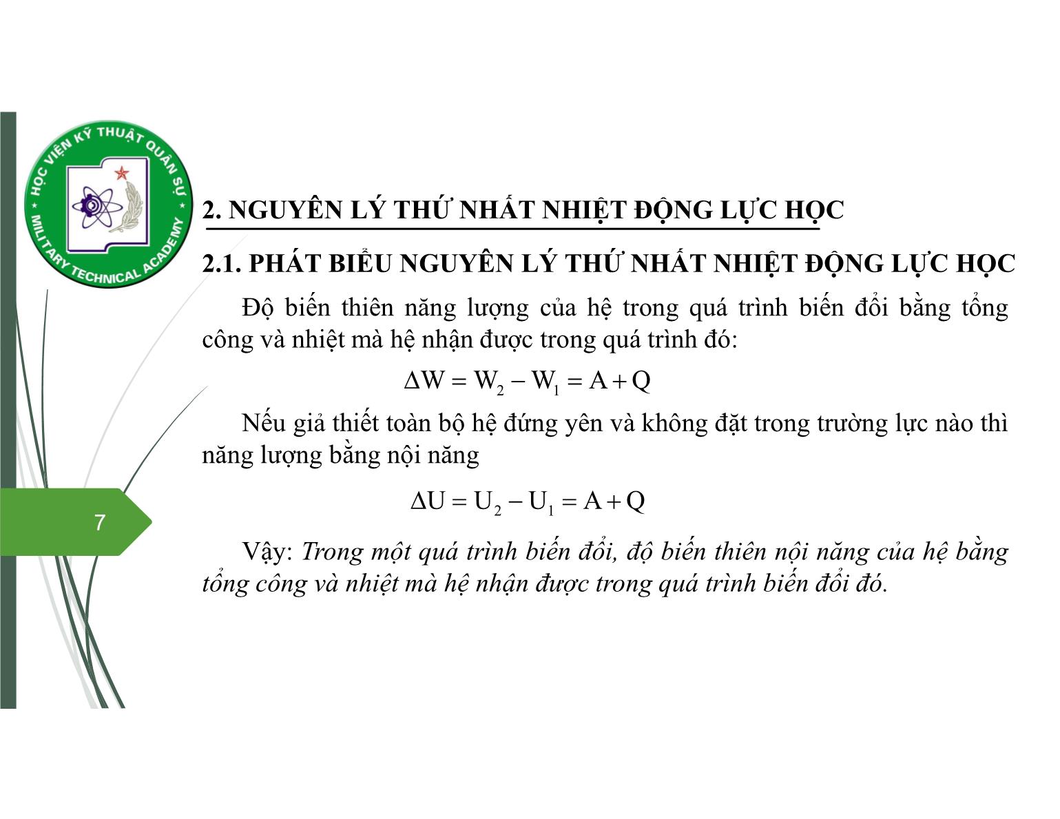 Bài giảng Vật lý đại cương 2 - Chương 2: Nguyên lý thứ nhất nhiệt động lực học - Nguyễn Xuân Thấu trang 7