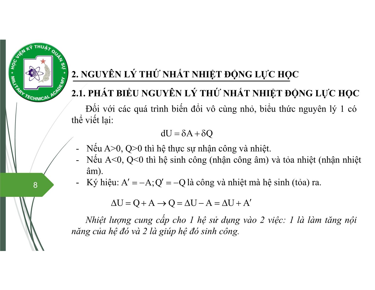 Bài giảng Vật lý đại cương 2 - Chương 2: Nguyên lý thứ nhất nhiệt động lực học - Nguyễn Xuân Thấu trang 8