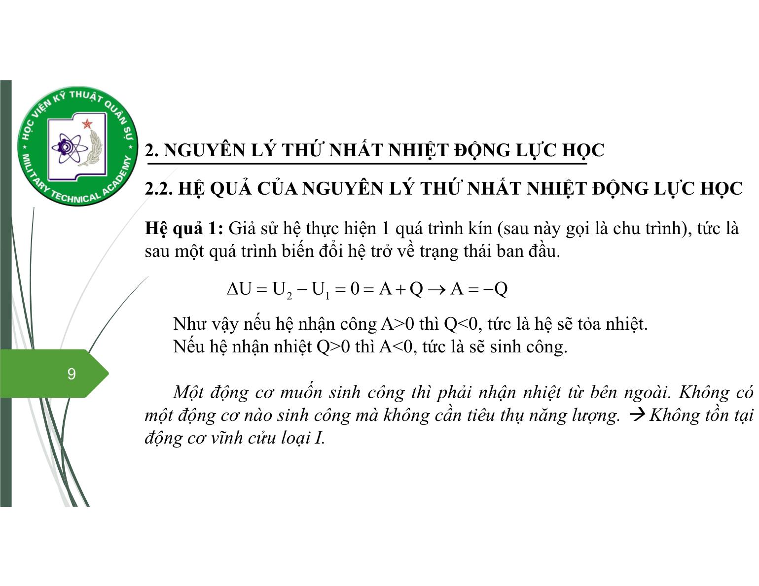 Bài giảng Vật lý đại cương 2 - Chương 2: Nguyên lý thứ nhất nhiệt động lực học - Nguyễn Xuân Thấu trang 9