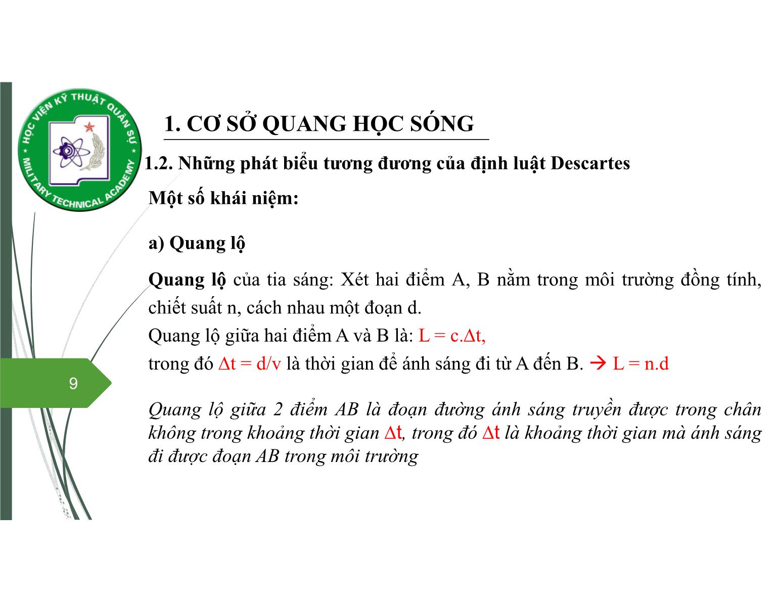 Bài giảng Vật lý đại cương 2 - Chương 7: Quang học sóng - Nguyễn Xuân Thấu trang 9