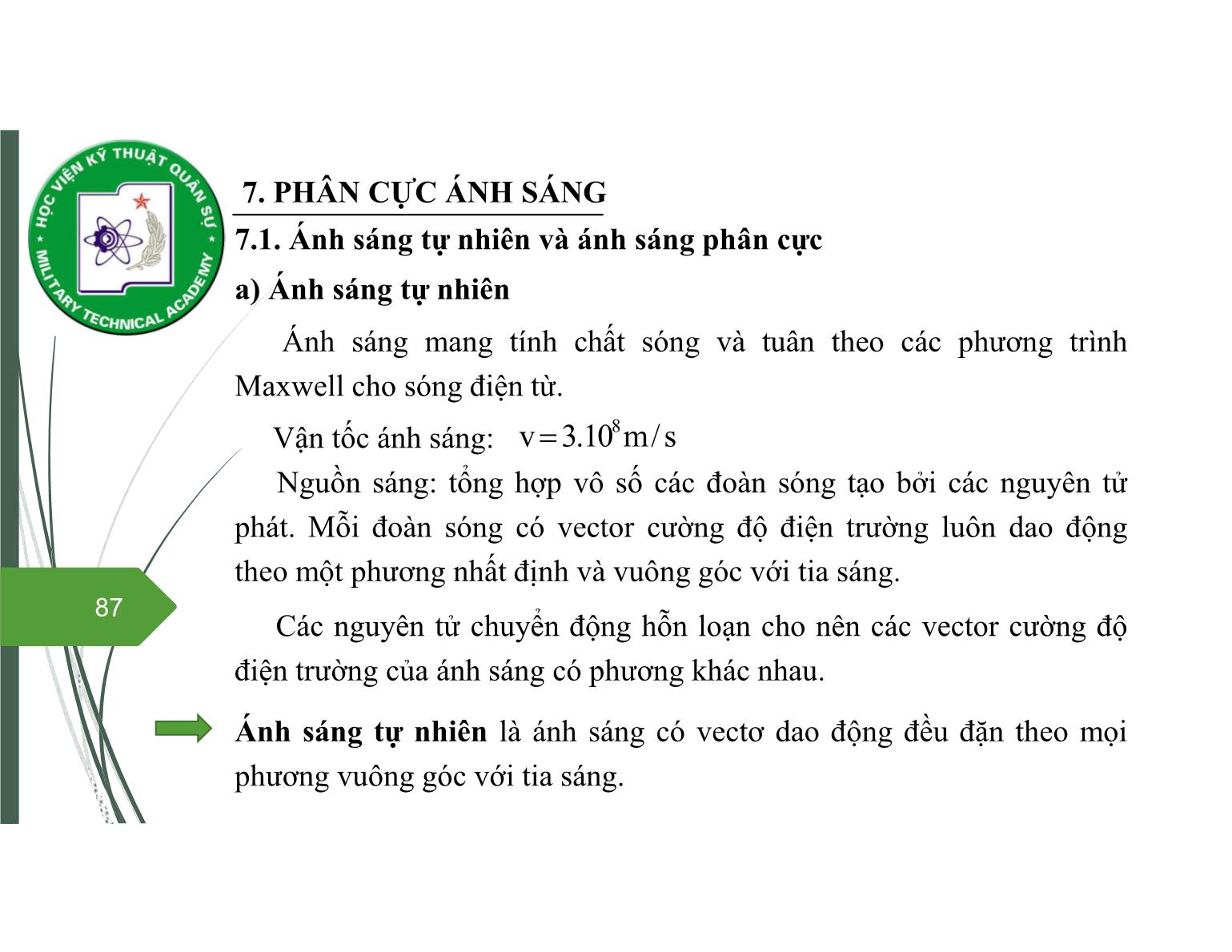 Bài giảng Vật lý đại cương 2 - Chương 7: Quang học sóng (Phần 3) - Nguyễn Xuân Thấu trang 1