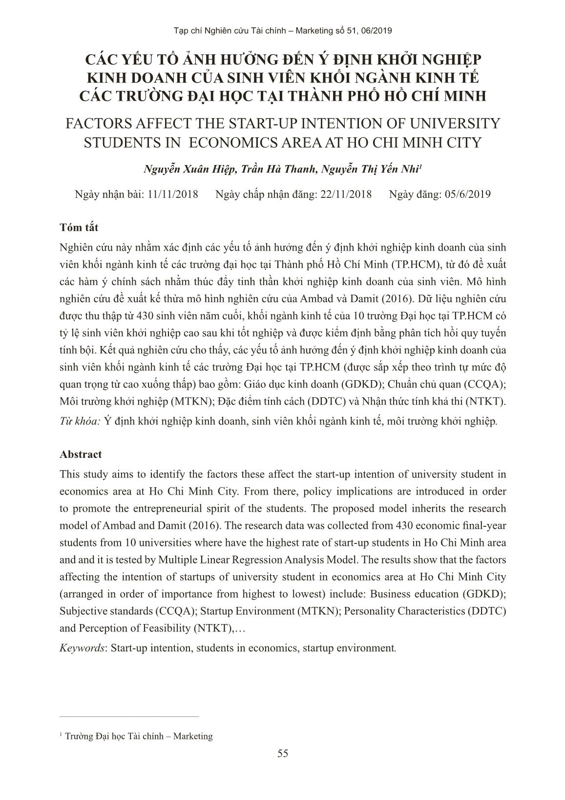 Các yếu tố ảnh hưởng đến ý định khởi nghiệp kinh doanh của sinh viên khối ngành kinh tế các trường đại học tại Thành phố Hồ Chí Minh trang 1