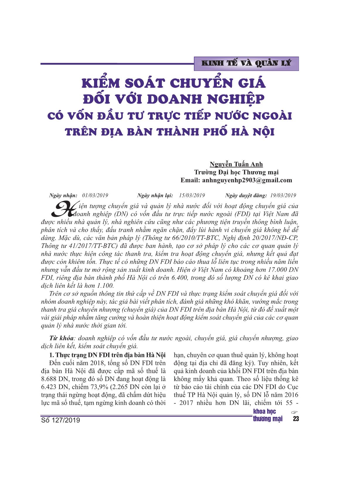 Kiểm soát chuyển giá đối với doanh nghiệp có vốn đầu tư trực tiếp nước ngoài trên địa bàn Thành phố Hà Nội trang 1