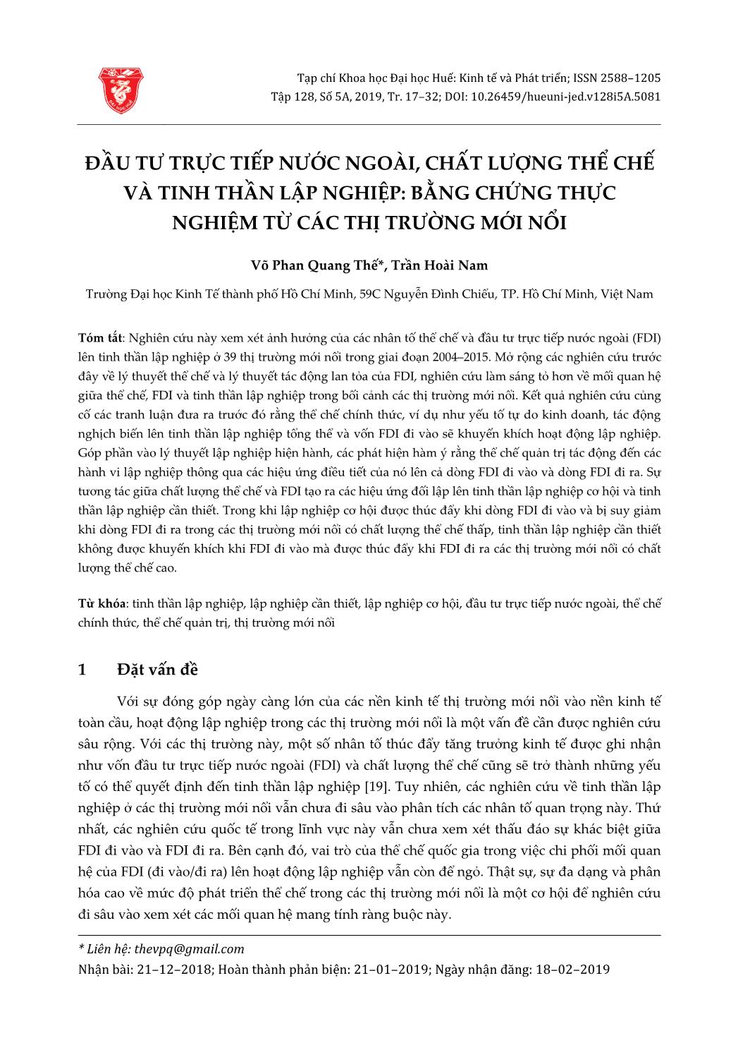 Đầu tư trực tiếp nước ngoài, chất lượng thể chế và tinh thần lập nghiệp: Bằng chứng thực nghiệm từ các thị trường mới nổi trang 1