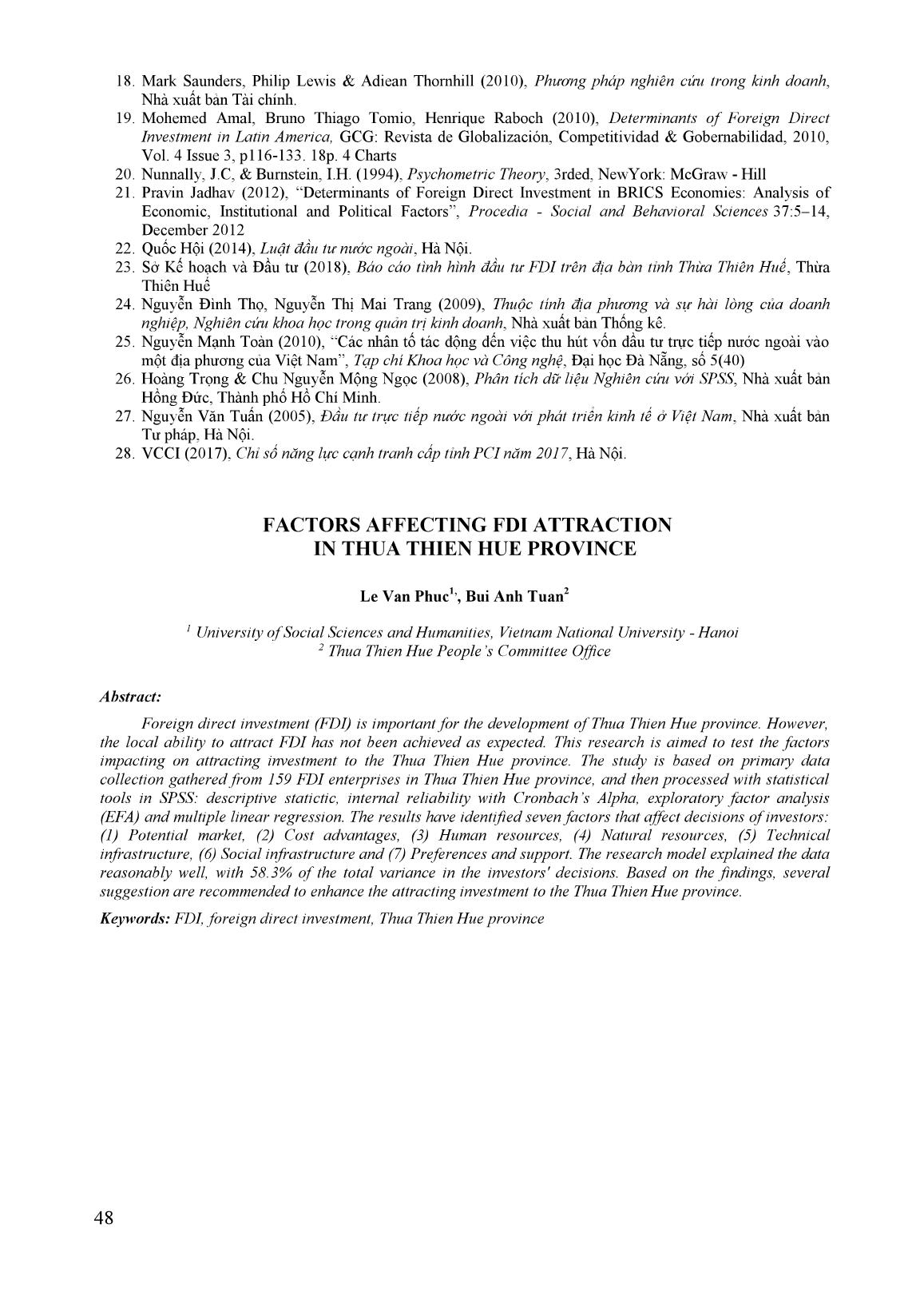 Các nhân tố tác động đến thu hút đầu tủ trực tiếp nước ngoài vào tỉnh thừa thiên Huế trang 10