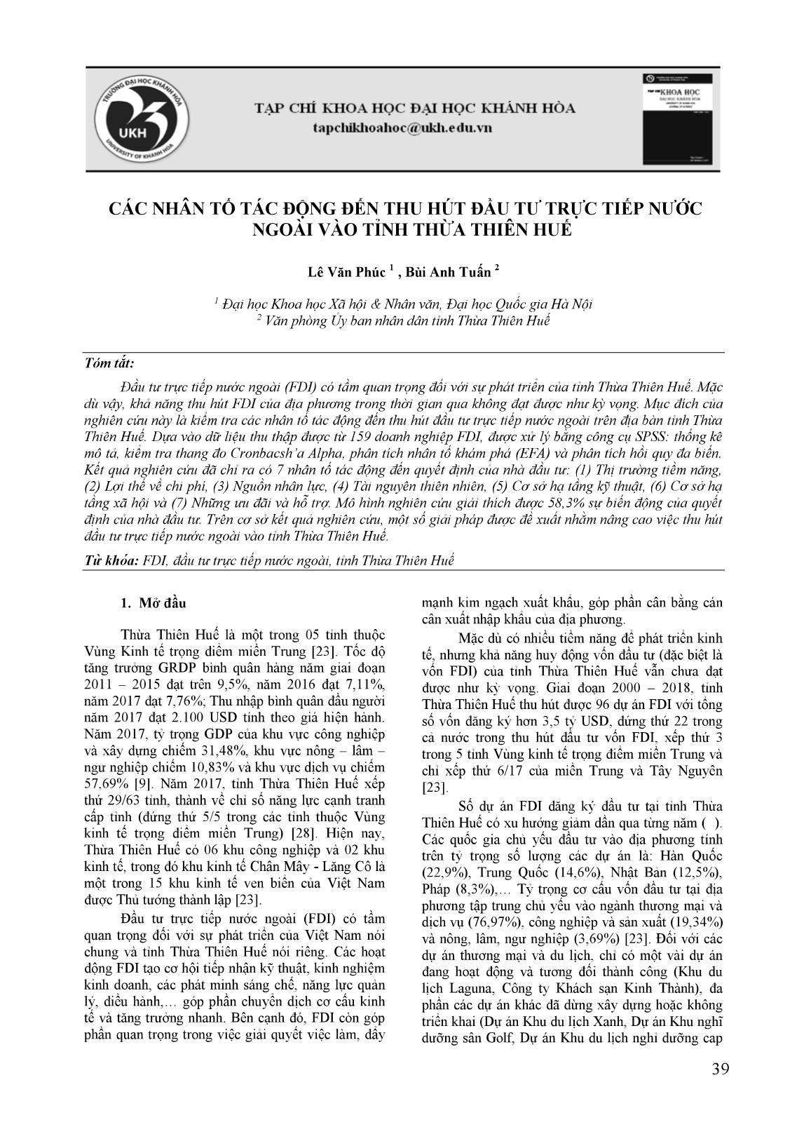 Các nhân tố tác động đến thu hút đầu tủ trực tiếp nước ngoài vào tỉnh thừa thiên Huế trang 1