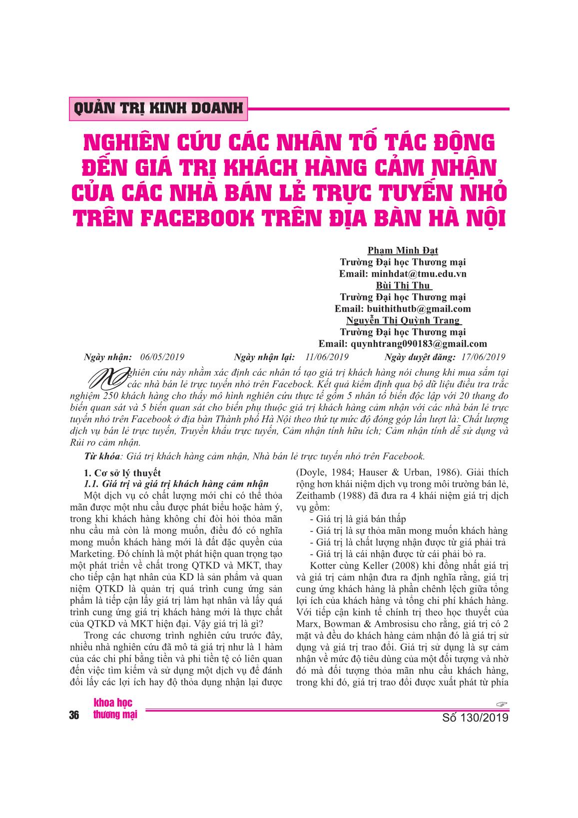 Nghiên cứu các nhân tố tác động đến giá trị khách hàng cảm nhận của các nhà bán lẻ trực tuyến nhỏ trên facebook trên địa bàn Hà Nội trang 1