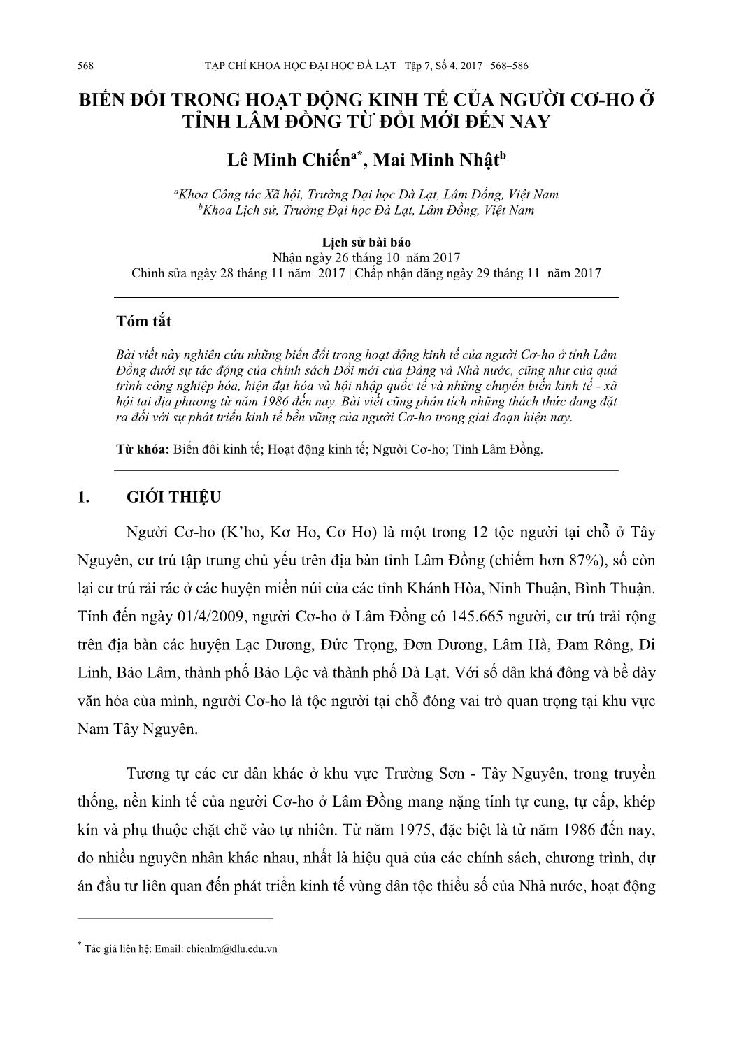 Biến đổi trong hoạt động kinh tế của người Cơ-ho ở tỉnh Lâm Đồng từ đổi mới đến nay trang 1