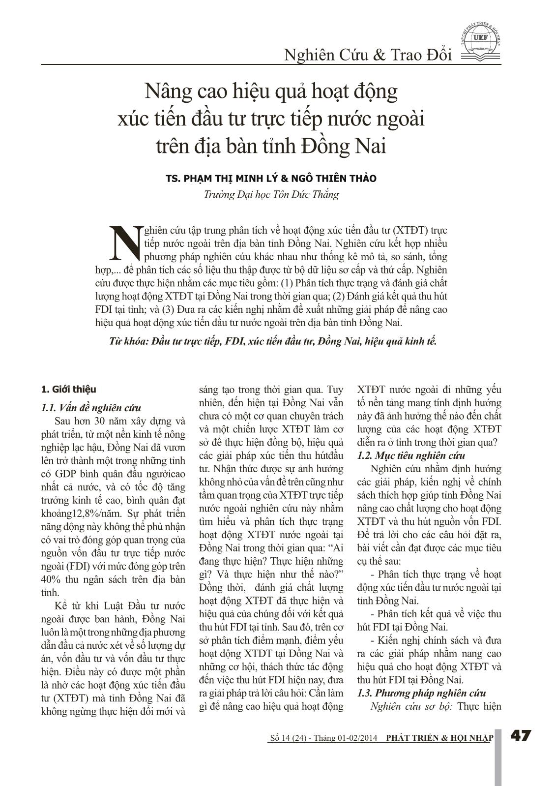 Nâng cao hiệu quả hoạt động xúc tiến đầu tư trực tiếp nước ngoài trên địa bàn tỉnh Đồng Nai trang 1