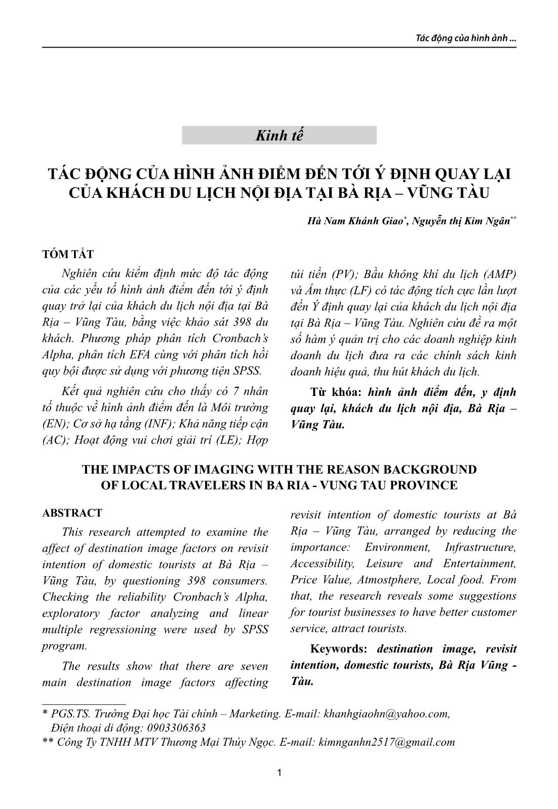 Tác động của hình ảnh điểm đến tới ý định quay lại của khách du lịch nội địa tại Bà Rịa – Vũng Tàu trang 1