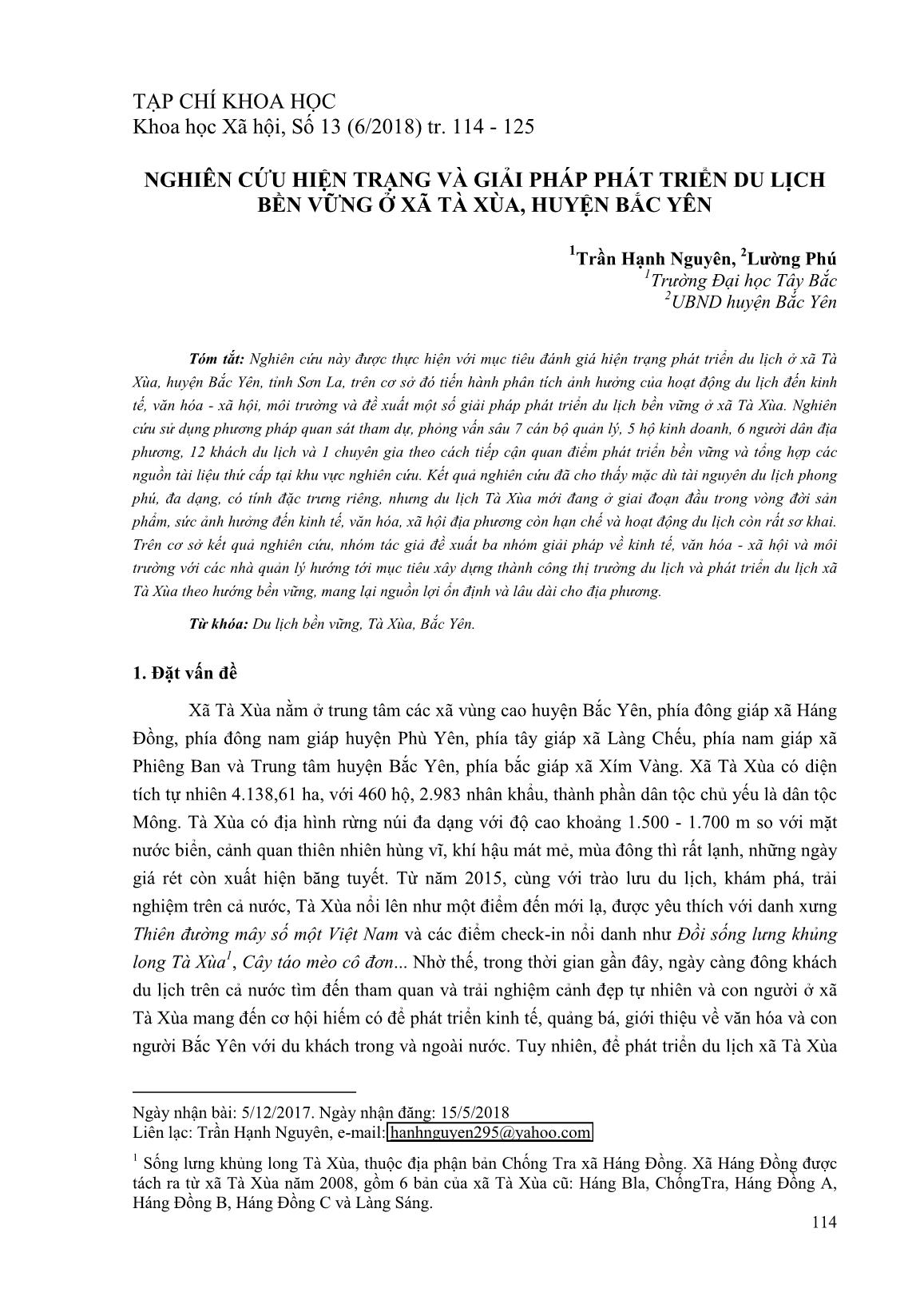 Nghiên cứu hiện trạng và giải pháp phát triển du lịch bền vững ở xã Tà Xùa, huyện Bắc Yên trang 1